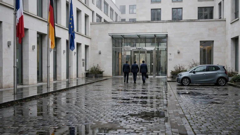 Patio ministerial europeo con banderas de Francia, Alemania y la UE y un coche eléctrico aparcado bajo luz gris
