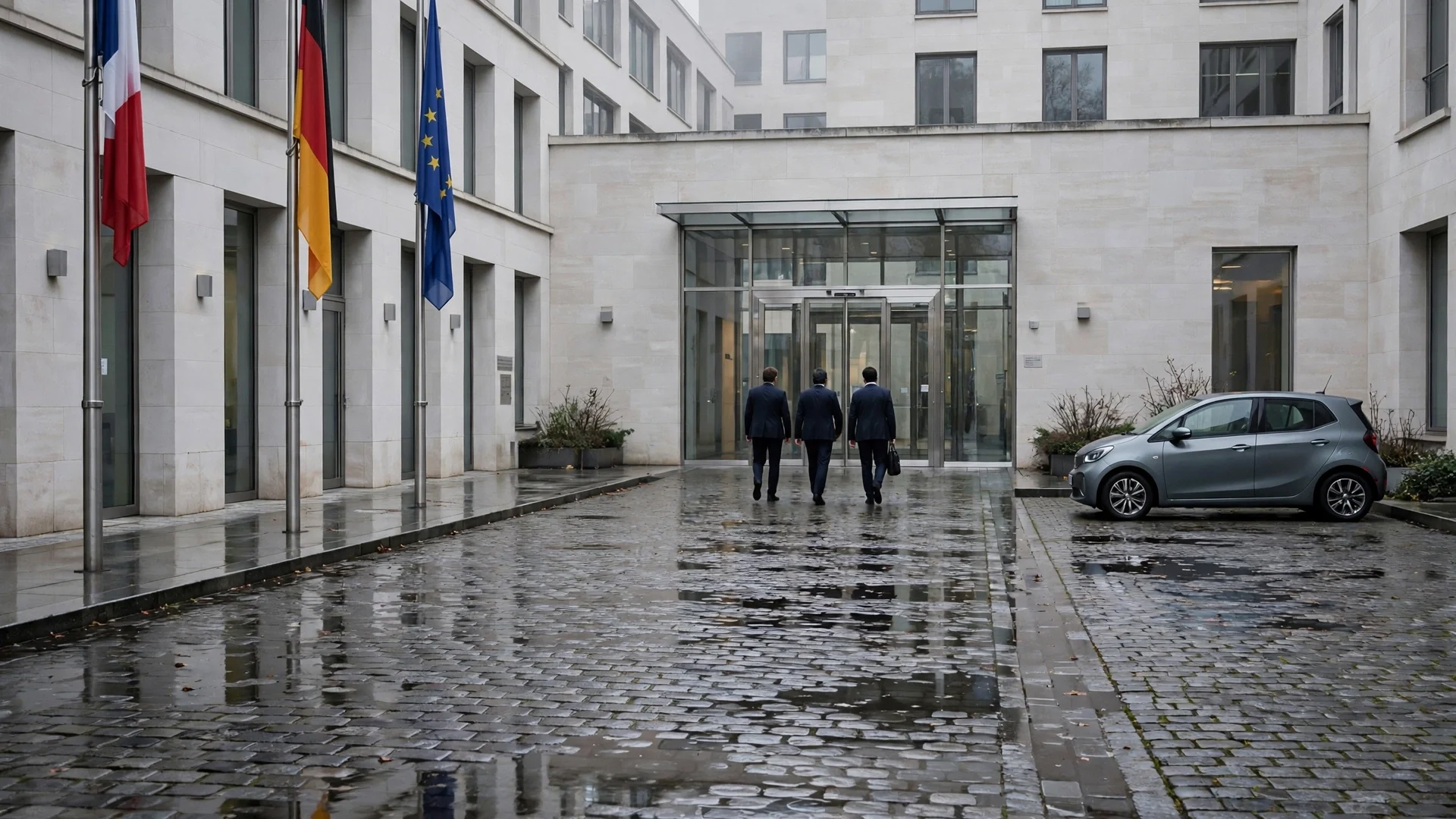 Patio ministerial europeo con banderas de Francia, Alemania y la UE y un coche eléctrico aparcado bajo luz gris