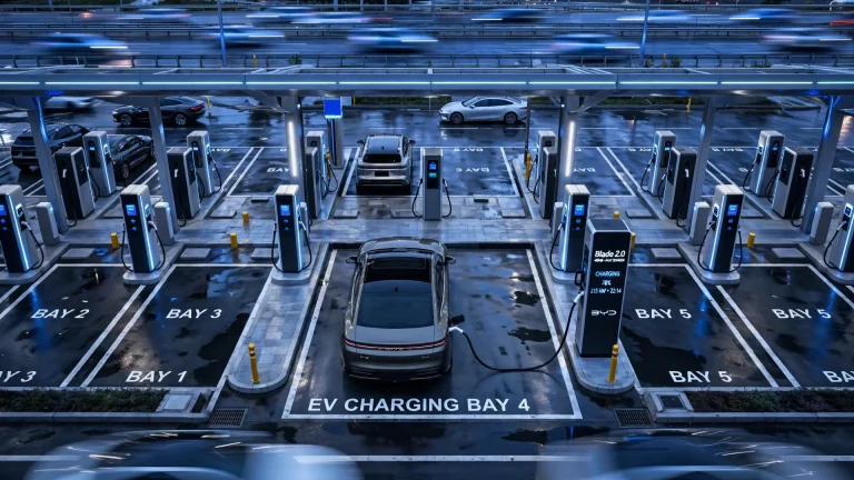 Vista cenital de BYD Great Han cargando en autopista durante hora azul, iluminación fría