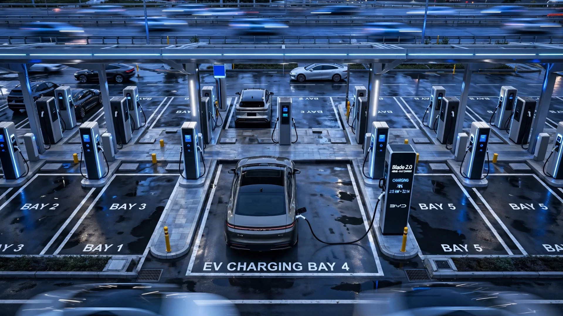 Vista cenital de BYD Great Han cargando en autopista durante hora azul, iluminación fría