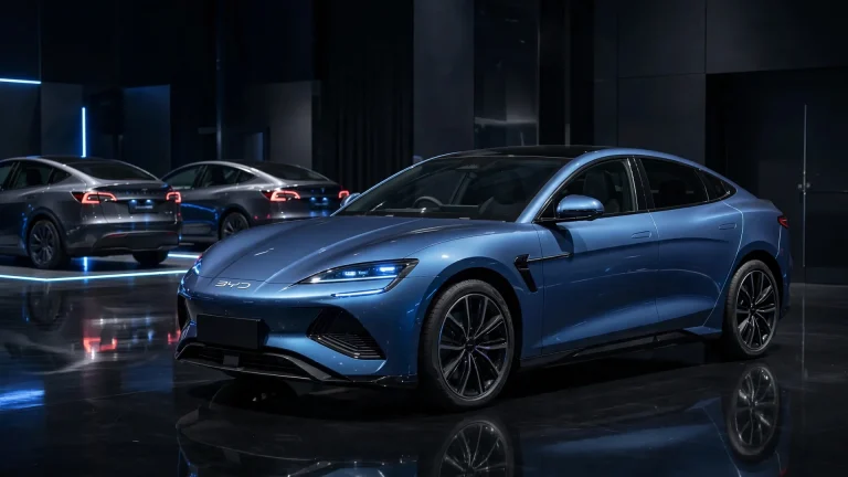 BYD Seal 08 en primer plano nocturno, Tesla Model Y y Model 3 al fondo, iluminación de estudio