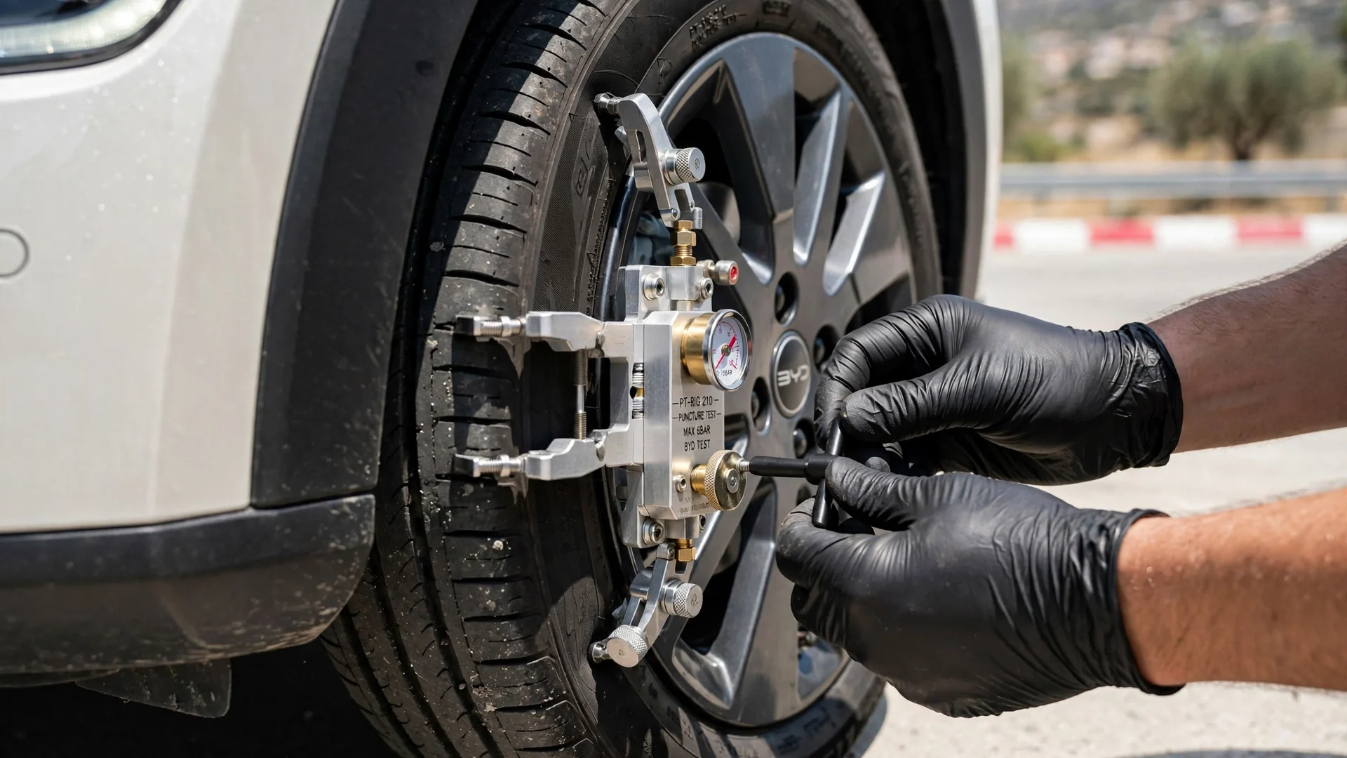 Manos enguantadas montan el dispositivo que perfora la rueda del BYD Dolphin Mini en un circuito