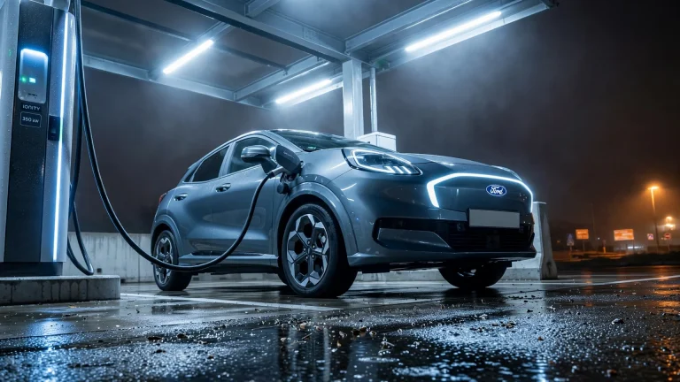 Ford Puma Gen-E gris en un punto de carga nocturno de autopista, visto desde el asfalto mojado