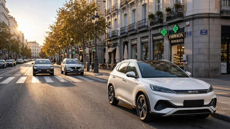 Un BYD Atto 2 aparcado al atardecer en una avenida de Madrid, con un Seal U y un MG ZS al fondo