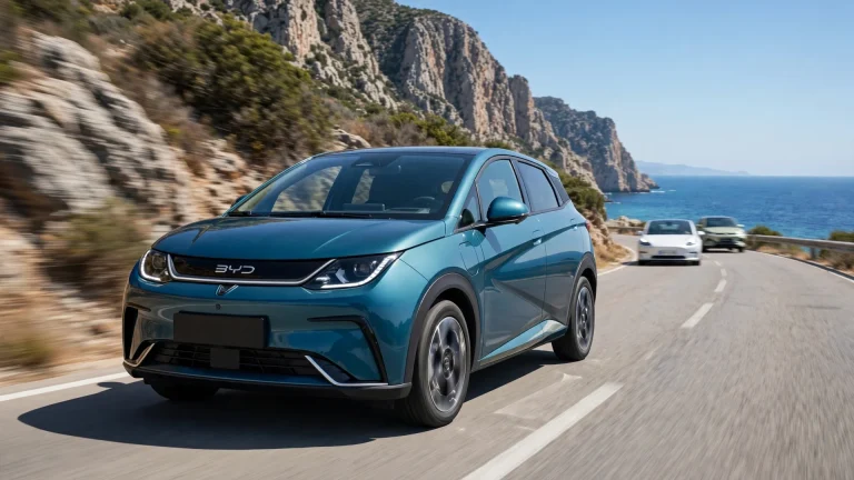 BYD Dolphin Surf en carretera costera, luz solar intensa