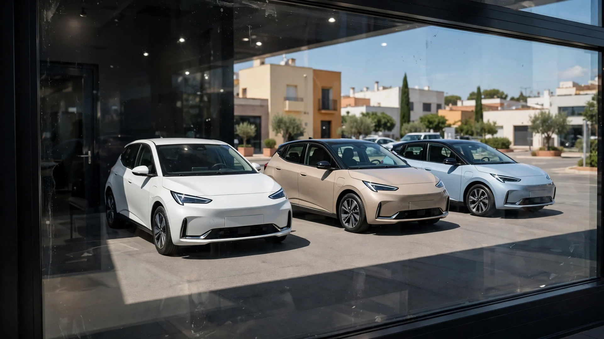 Varios BYD Seagull nuevos en el patio de un concesionario, vistos a través del cristal, con sol de mediodía
