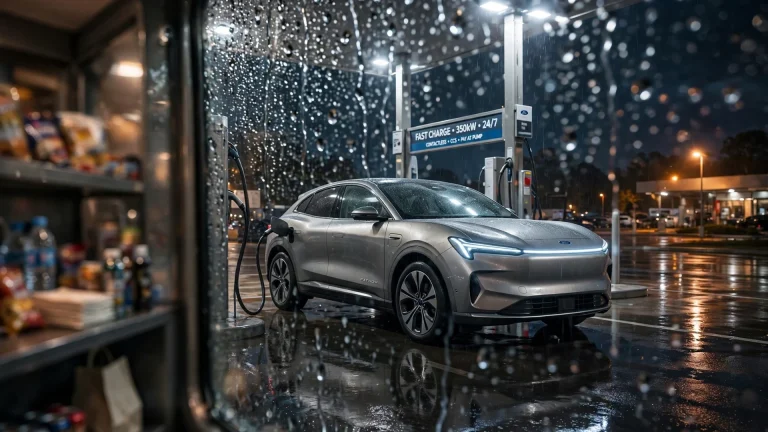 Ford Fathom eléctrico cargando de noche en un área de servicio, visto tras un cristal mojado