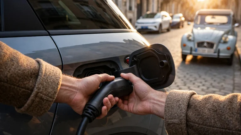 Manos anónimas conectando el cable de carga a un BYD en una calle europea al atardecer, con un Aito y un Citroën 2CV al fondo