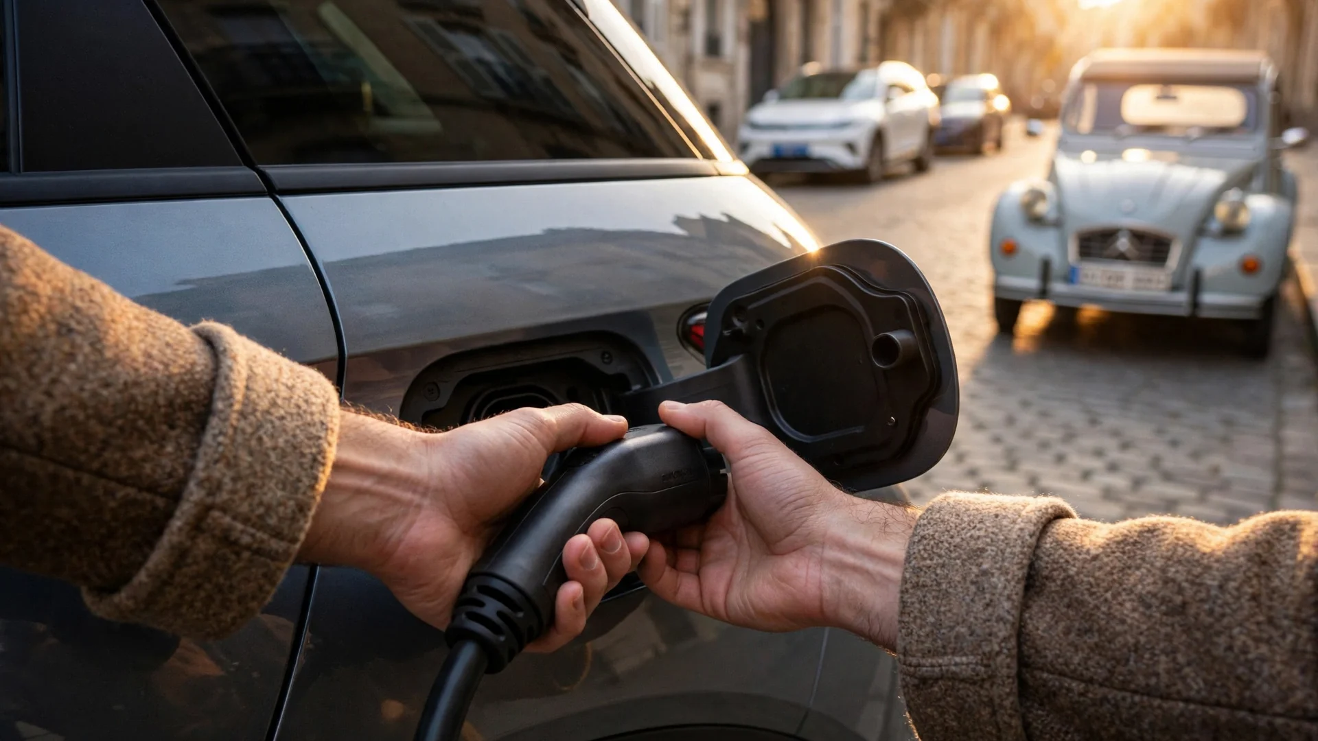 Manos anónimas conectando el cable de carga a un BYD en una calle europea al atardecer, con un Aito y un Citroën 2CV al fondo