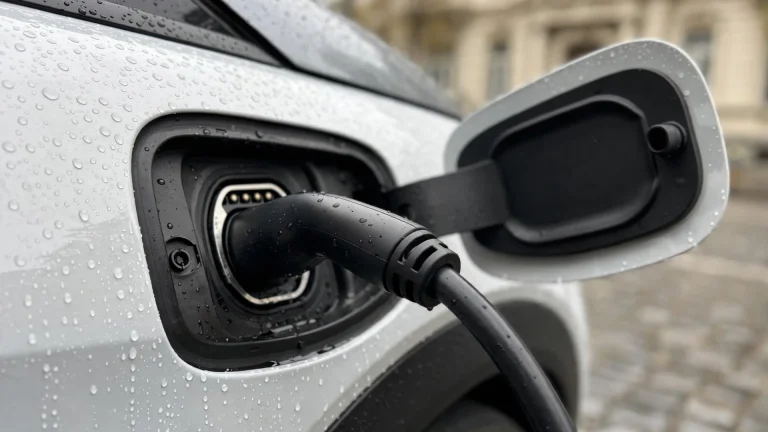Primer plano del puerto de carga de un BYD Dolphin blanco con cable conectado en una calle de Bucarest, día nublado